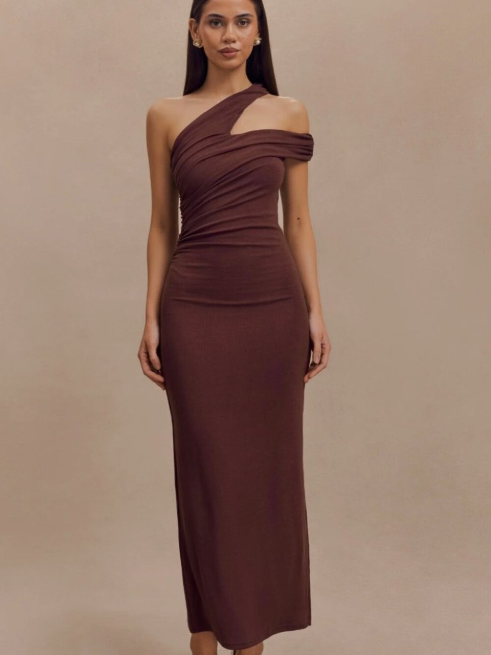 Meshki Soft Chocolate Midi Twisted Shoulder Dress
